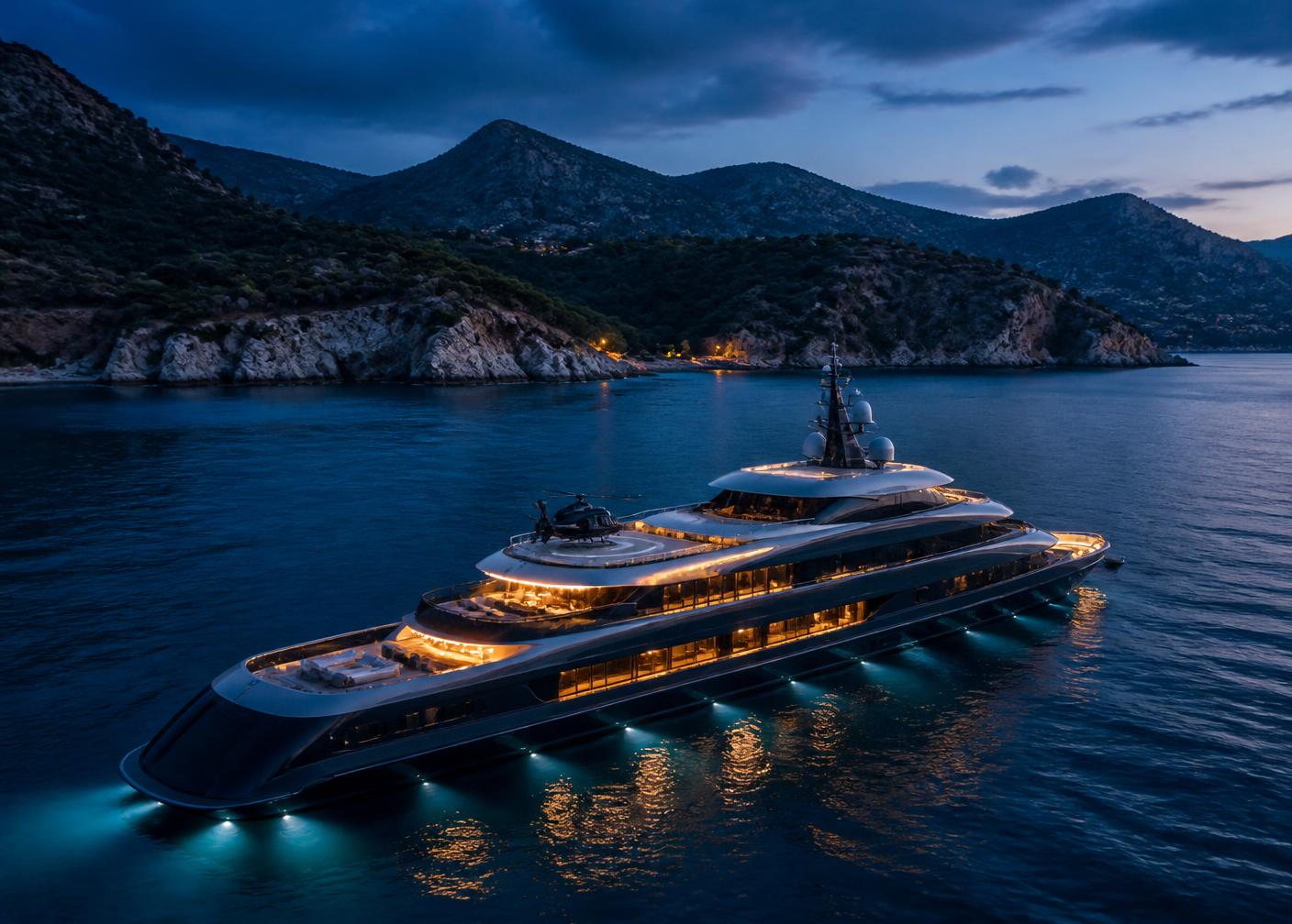 Superyacht anchored in calm offshore water at dusk